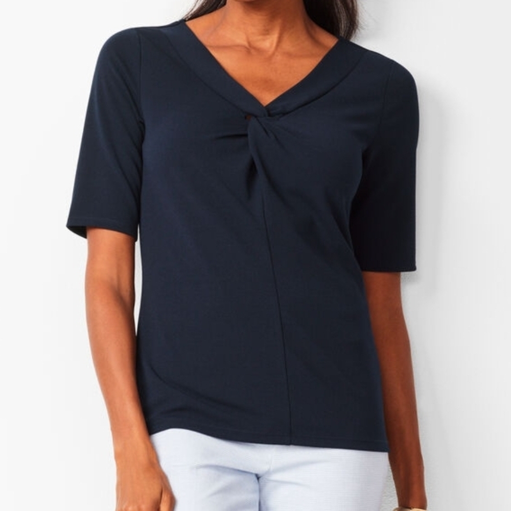 Talbots Twist V-Neck Tee Navy Blue Small Comfortable Washable 3/4 Sleeve Top